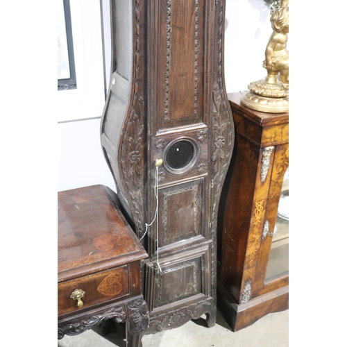 561 - Antique French carved oak comtoise longcase clock, untested, approx 234cm H x 46cm W