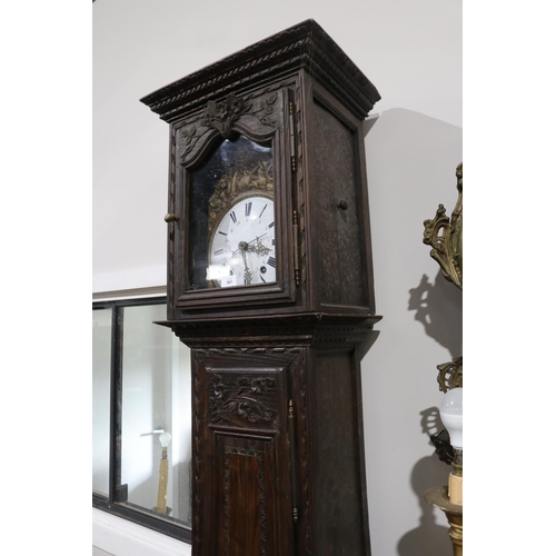 561 - Antique French carved oak comtoise longcase clock, untested, approx 234cm H x 46cm W