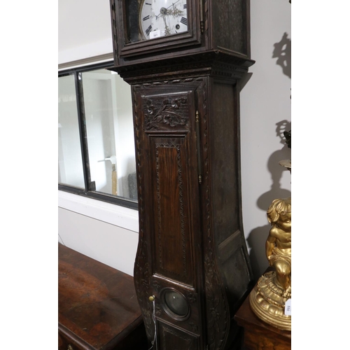 561 - Antique French carved oak comtoise longcase clock, untested, approx 234cm H x 46cm W