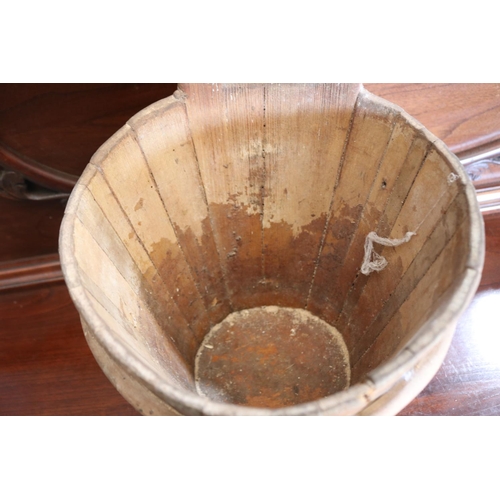 566 - Antique European staved bound wall bucket, with cut out handle, approx 58cm H