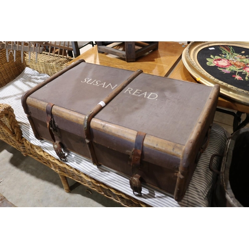 581 - Antique canvas and wooden bound travel trunk, Susan Read, approx 83.5cm W x 50cm D x 29cm H