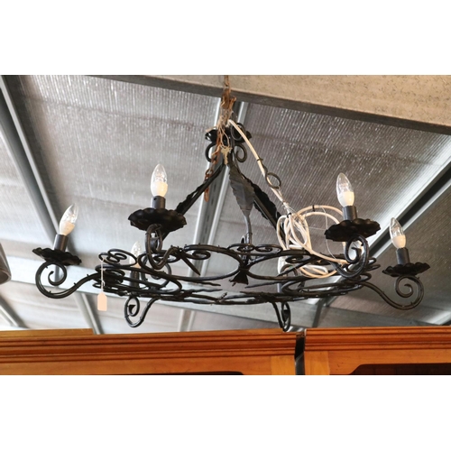 593 - Wrought iron antique style six light dish design chandelier, approx 100cm W