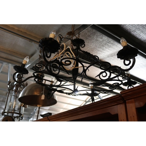 593 - Wrought iron antique style six light dish design chandelier, approx 100cm W