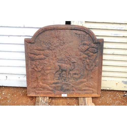 182 - Antique French cast iron arched fire back, deer in landscape in relief, approx 51cm H x 51cm W