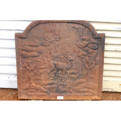 182 - Antique French cast iron arched fire back, deer in landscape in relief, approx 51cm H x 51cm W
