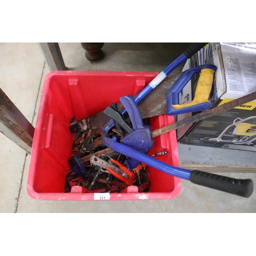 311 - Tub of assorted hand tools, bolt cutters, clamps, pruners