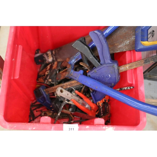 311 - Tub of assorted hand tools, bolt cutters, clamps, pruners
