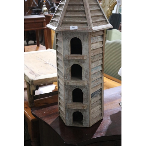 423 - Spire shape wood bird house of hexagonal shape, approx 94cm H x 40cm W