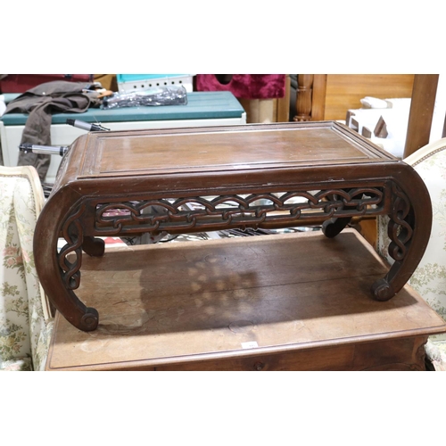 483 - Vintage Chinese hardwood tea table, scrolling supports , approx 41cm H x 100cm W x 45cm D