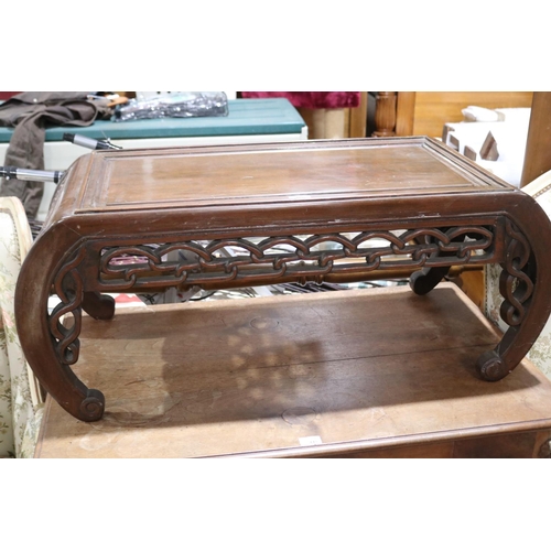 483 - Vintage Chinese hardwood tea table, scrolling supports , approx 41cm H x 100cm W x 45cm D
