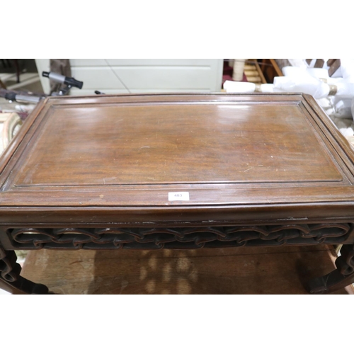 483 - Vintage Chinese hardwood tea table, scrolling supports , approx 41cm H x 100cm W x 45cm D