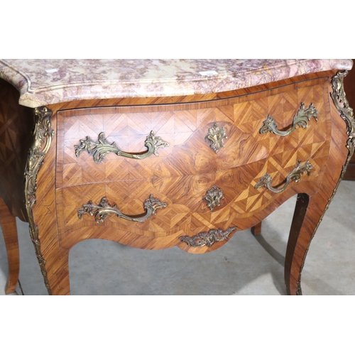 602 - Fine antique French marble topped parquetry two drawer commode, stamped under marble top approx 86cm... 