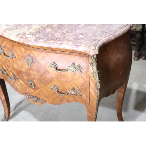 602 - Fine antique French marble topped parquetry two drawer commode, stamped under marble top approx 86cm... 