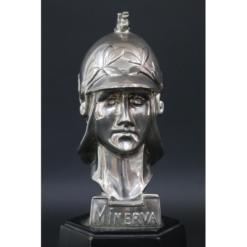 113 - Minerva car mascot, after Pierre de Soete, mounted to a tapering hexagonal base, approx 21cm H inclu... 