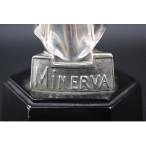 113 - Minerva car mascot, after Pierre de Soete, mounted to a tapering hexagonal base, approx 21cm H inclu... 