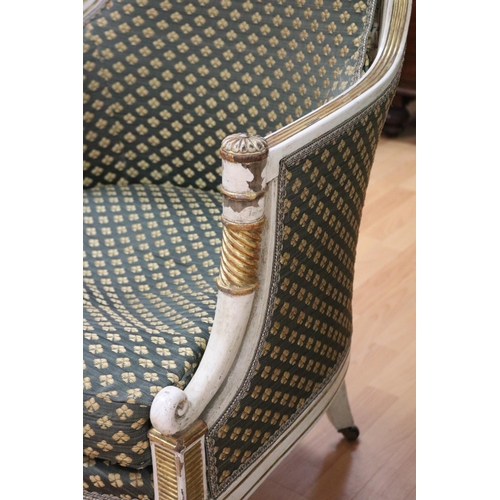 103 - Antique French Empire Bergere en gondole, with scroll carved top rail, the incised frame with reeded... 