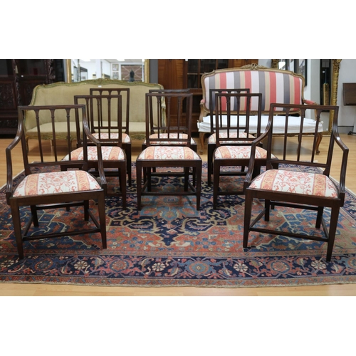 137 - Set of eight antique George III mahogany dining chairs, in the manner of Thomas Sheraton, each with ... 