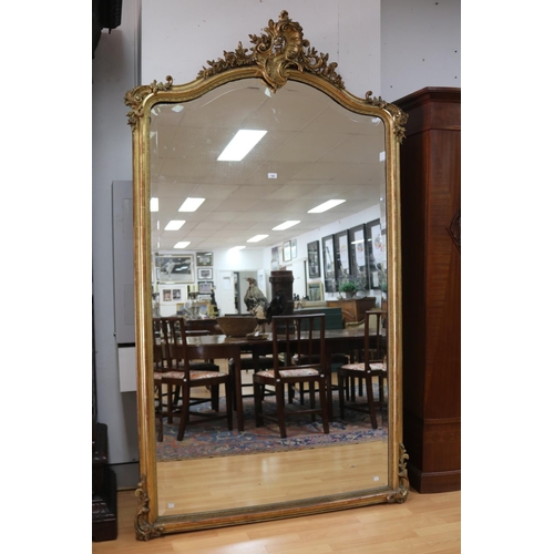 145 - Large fine antique French Louis XV style gilt gesso mirror with floral C scroll crest, approx 225cm ... 