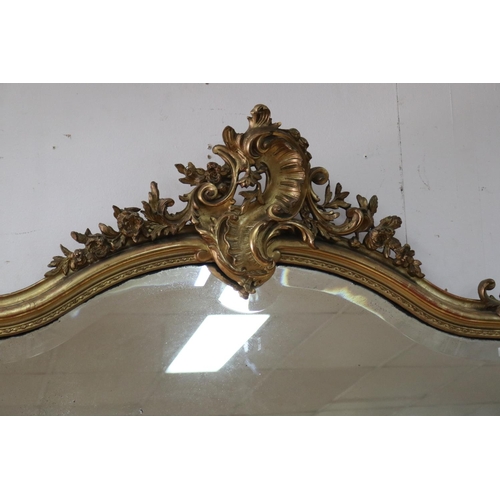 145 - Large fine antique French Louis XV style gilt gesso mirror with floral C scroll crest, approx 225cm ... 
