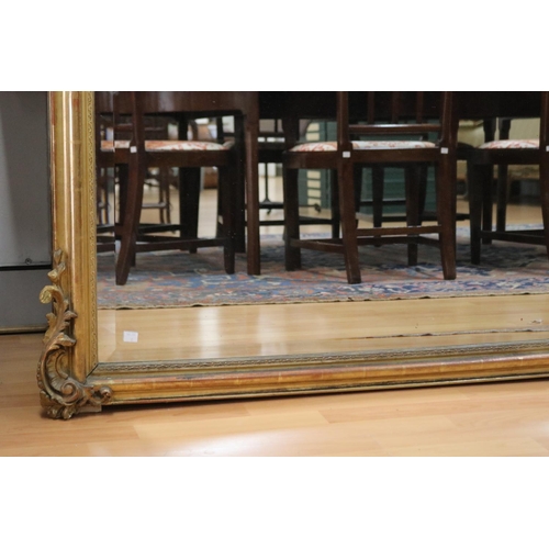 145 - Large fine antique French Louis XV style gilt gesso mirror with floral C scroll crest, approx 225cm ... 