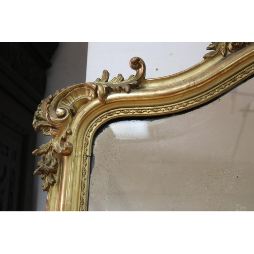 145 - Large fine antique French Louis XV style gilt gesso mirror with floral C scroll crest, approx 225cm ... 