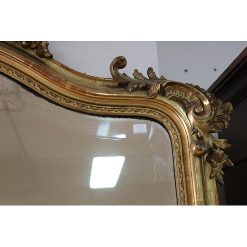 145 - Large fine antique French Louis XV style gilt gesso mirror with floral C scroll crest, approx 225cm ... 