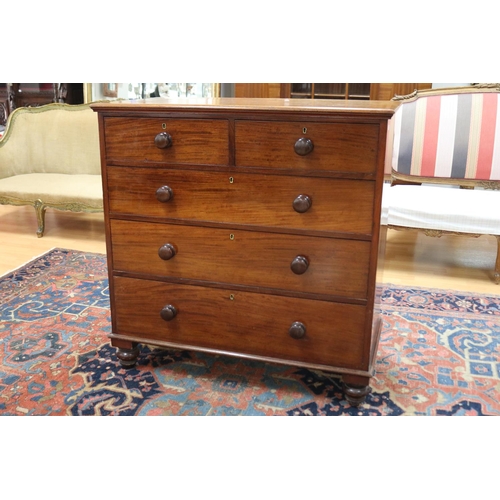 174 - Antique Australian cedar chest of five drawers, the drawers of tapering design, all standing on turn... 