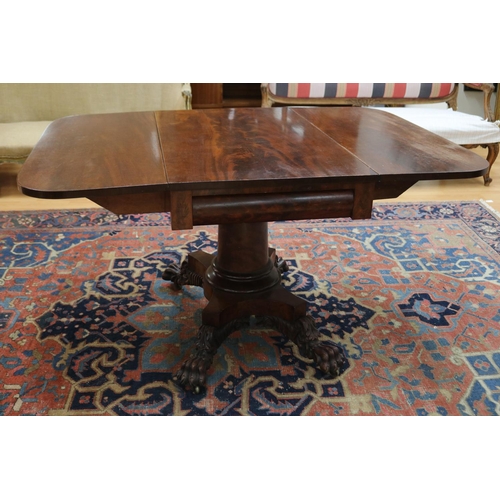 185 - Antique mahogany drop side table, fitted with single drawer to one end. The top held by gun barrel s... 