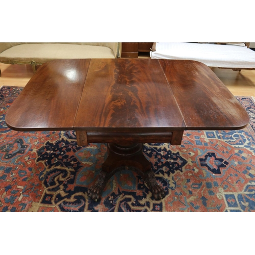 185 - Antique mahogany drop side table, fitted with single drawer to one end. The top held by gun barrel s... 