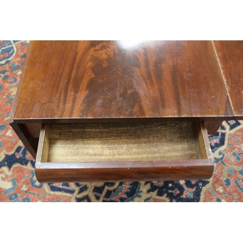 185 - Antique mahogany drop side table, fitted with single drawer to one end. The top held by gun barrel s... 