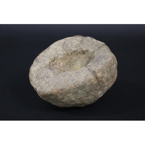 189 - Ancient carved stone mortar & pestle (grinder), approx 9cm H x 9cm W