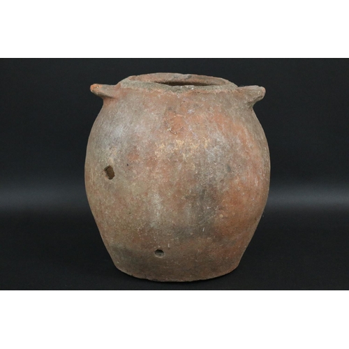 83 - Antique early 18th century French glazed stoneware twin handled confit pot, approx 28cm H x 24cm Dia