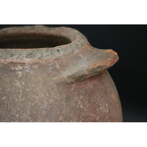 83 - Antique early 18th century French glazed stoneware twin handled confit pot, approx 28cm H x 24cm Dia