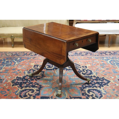 139 - Antique late George III mahogany sofa table, the twin flap rectangular top with canted corners cross... 