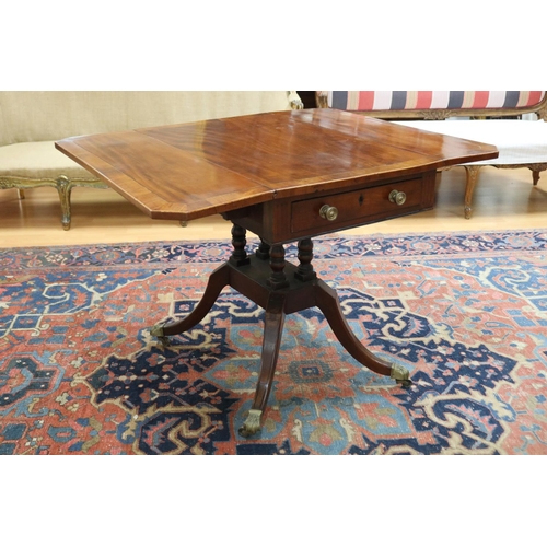 139 - Antique late George III mahogany sofa table, the twin flap rectangular top with canted corners cross... 