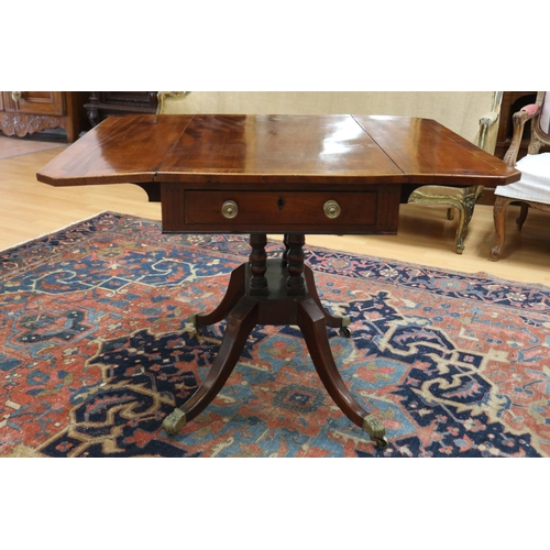 139 - Antique late George III mahogany sofa table, the twin flap rectangular top with canted corners cross... 