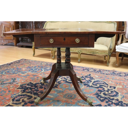 139 - Antique late George III mahogany sofa table, the twin flap rectangular top with canted corners cross... 
