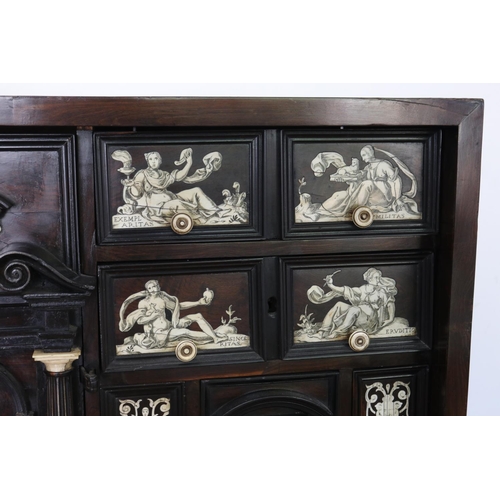 1 - Mid 17th Century Baroque period Italian inlaid ebony & ivory table top cabinet, engraved ivory & ebo... 