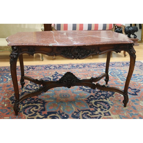 143 - Fine antique French Louis XV style marble topped salon table, with carved cross stretcher base suppo... 