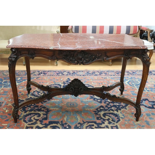 143 - Fine antique French Louis XV style marble topped salon table, with carved cross stretcher base suppo... 