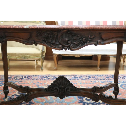 143 - Fine antique French Louis XV style marble topped salon table, with carved cross stretcher base suppo... 