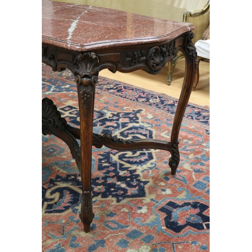 143 - Fine antique French Louis XV style marble topped salon table, with carved cross stretcher base suppo... 