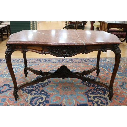 143 - Fine antique French Louis XV style marble topped salon table, with carved cross stretcher base suppo... 