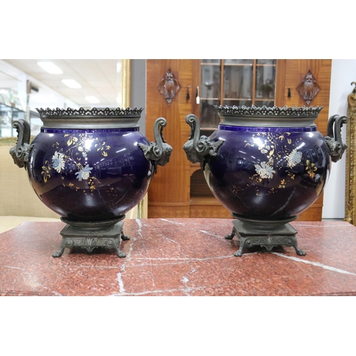 183 - Pair of large antique French jardinieres, royal blue  porcelain central bowls, with pierced metal ri... 