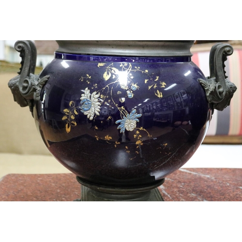 183 - Pair of large antique French jardinieres, royal blue  porcelain central bowls, with pierced metal ri... 