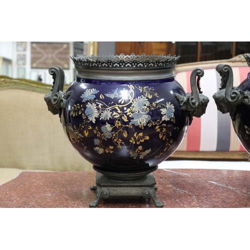 183 - Pair of large antique French jardinieres, royal blue  porcelain central bowls, with pierced metal ri... 