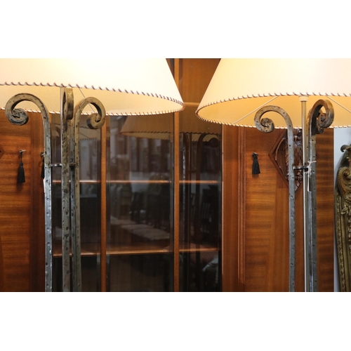 25 - Pair of Le Forge wrought iron floor lamps, tri form scrolling bases, each approx 176cm H (2) in work... 