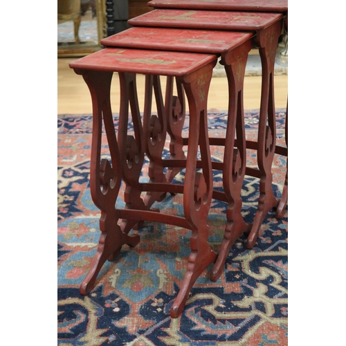 107 - Set of Chinese export red lacquered quartetto tables, mid-19th century, each with a rectangular top ... 
