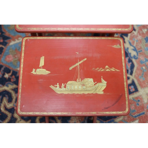 107 - Set of Chinese export red lacquered quartetto tables, mid-19th century, each with a rectangular top ... 