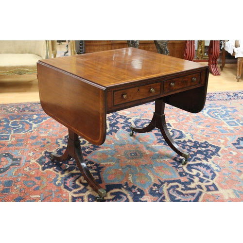 136 - Antique George III mahogany, satinwood crossbanded & ebony inlaid sofa table, the twin flap rectangu... 